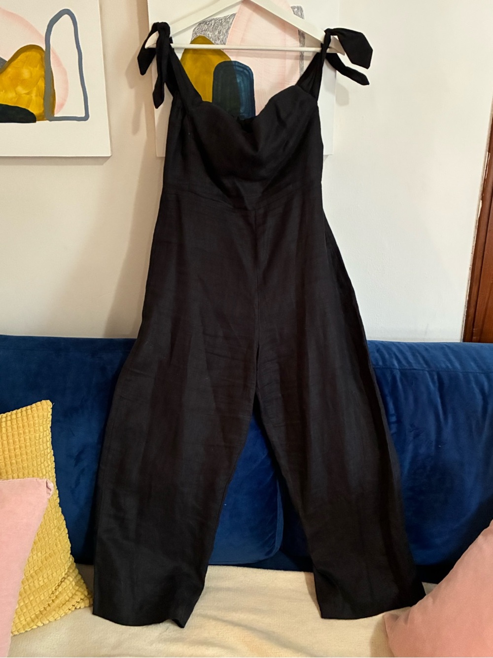 Reformation Black Tie-Shoulder Wide-Leg Jumpsuit